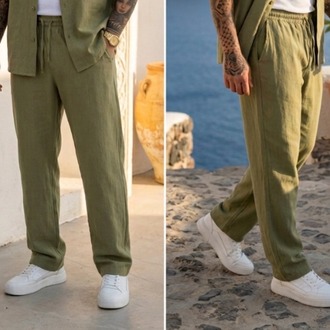 Yeşil Ham Keten Erkek Takım — Yazlık Oversize Alt-Üst Set