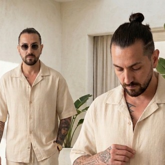 Bej Ham Keten Erkek Takım — Yazlık Oversize Alt-Üst Set