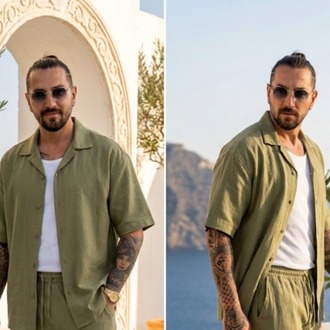 Yeşil Ham Keten Erkek Takım — Yazlık Oversize Alt-Üst Set