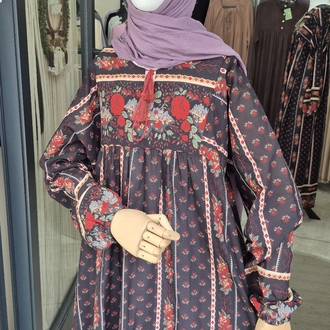 100% pamuklu vintage desenli tesettür elbise