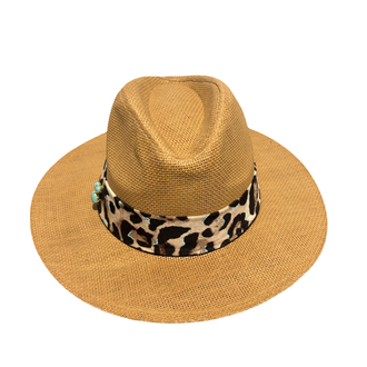 LEOPAR KUŞAKLI CAMEL HASIR PANAMA ŞAPKA