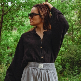 Oiki Midnight Nomad — Unisex Oversize Bohem Siyah Gömlek (Pamuk Keten)