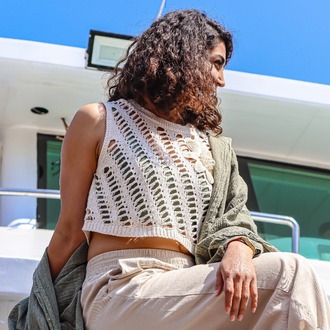 Oiki Fileli Örgü, İncili Çiçek Detaylı Bohem Crop