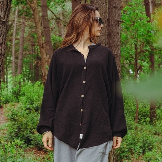 Oiki Midnight Nomad — Unisex Oversize Bohem Siyah Gömlek (Pamuk Keten)