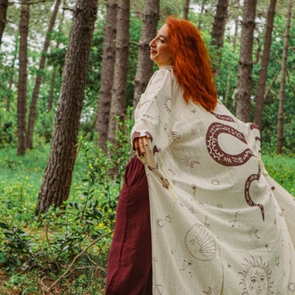 Oiki Yılan ve Gökyüzü Simgeleri Desenli Bohem Kimono