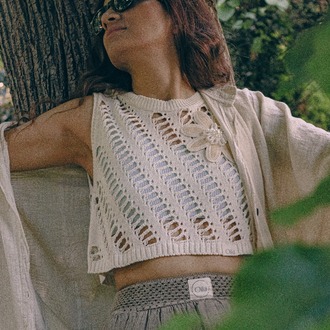 Oiki Fileli Örgü, İncili Çiçek Detaylı Bohem Crop