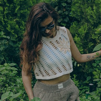 Oiki Fileli Örgü, İncili Çiçek Detaylı Bohem Crop