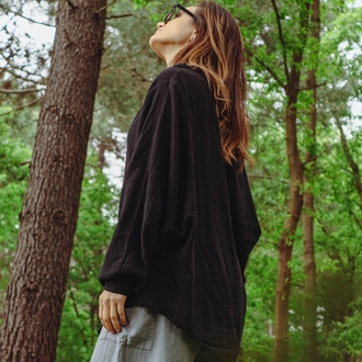 Oiki Midnight Nomad — Unisex Oversize Bohem Siyah Gömlek (Pamuk Keten)