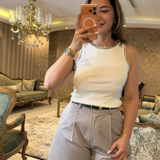 Luna Taşlı Triko Bluz – Ekru
