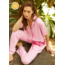 Dokuma Önü Düğmeli Çizgili Pembe Kısa Kollu Kadın Pijama Takımı
