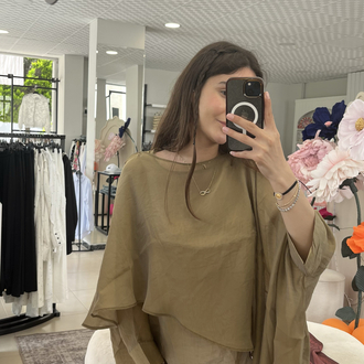 Haki pelerinli tül bluz