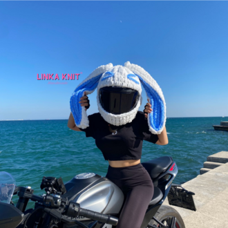 Emoji Tavşan Kulaklı Motorsiklet Kask Kılıfı,Eğlenceli Kask Koruyucu,Motor Kaskı Üzerine
