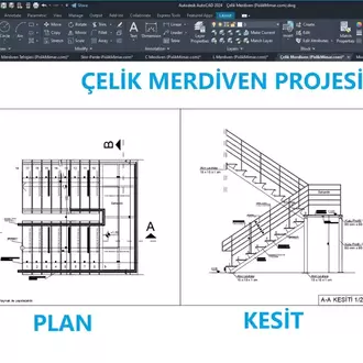 Çelik Merdiven Projesi (Premium) – DWG Çizim Seti (Plan, Kesit, Görünüş)
