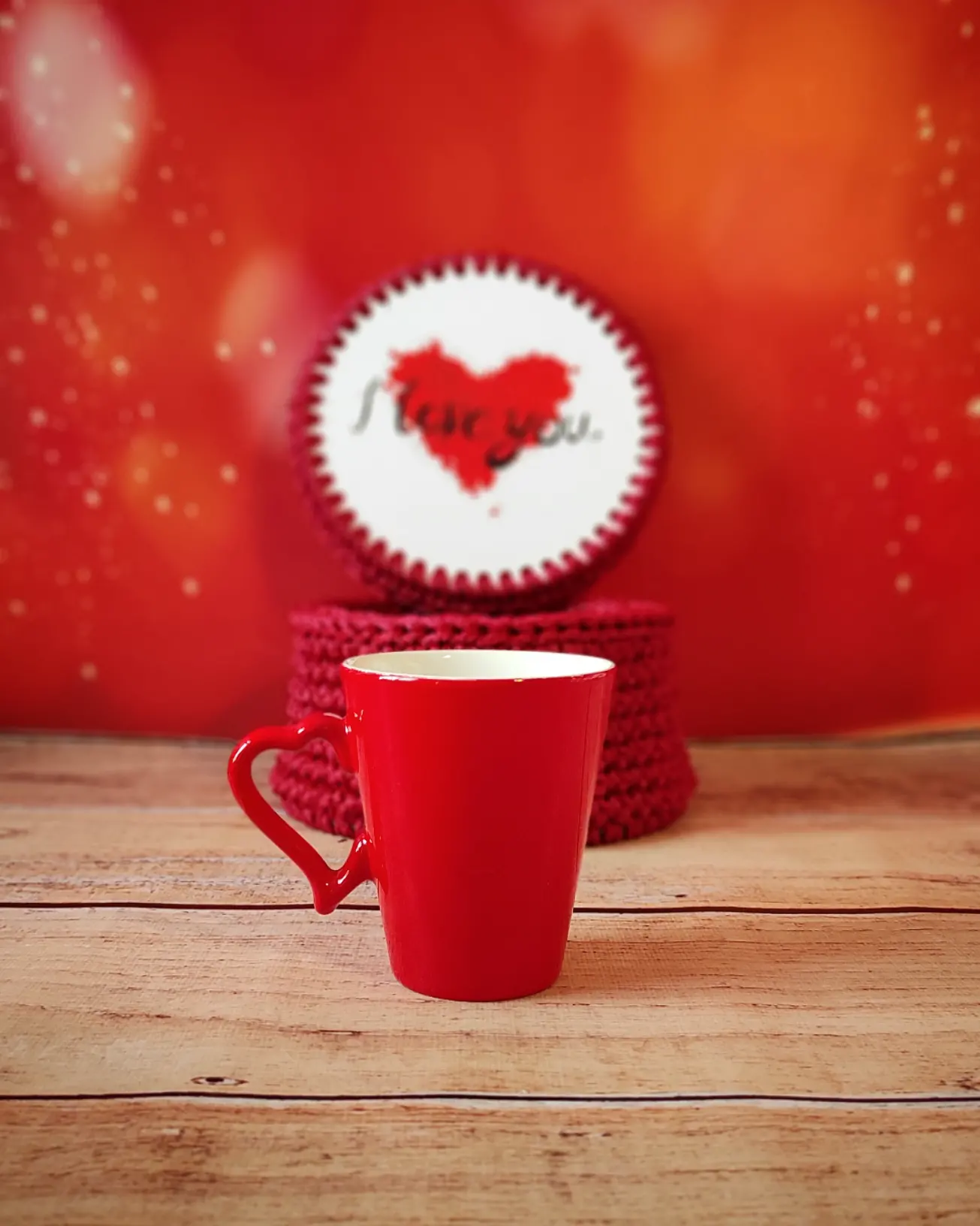 El Yapımı l Love You Yazılı Kutu ve Kalp Saplı Kırmızı Kupa Sevgililer Günü Hediye Paketi
