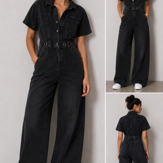 SİYAH DENİM WIDE LEG TULUM