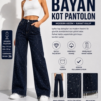 ✨ AMBAR DENIM Işıltılı Taş Detaylı Bayan Kot Pantolon

