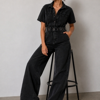 SİYAH DENİM WIDE LEG TULUM