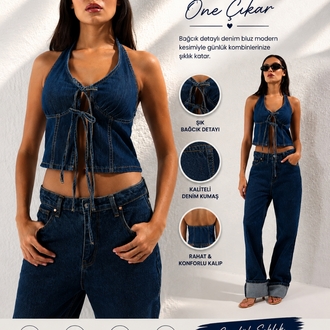  Koyu Mavi Bağlama Detaylı Halter Yaka Denim Bluz TWOSS25BZ00431

