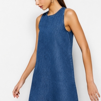 Koyu Mavi Volanlı Oversize Mini Denim Elbise TWOSS23EL01942

