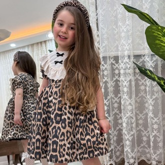 KIZ ÇOCUK LEOPAR DESENLİ DANTEL YAKA ELBİSE
