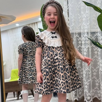 KIZ ÇOCUK LEOPAR DESENLİ DANTEL YAKA ELBİSE
