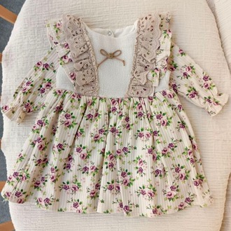 KIZ BEBEK ÇİÇEK DESENLİ DANTEL DETAYLI ELBİSE PAMUKLU