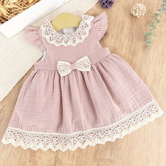 KIZ BEBEK PAMUKLU DANTEL FİYONK DETAYLI MÜSLİN ELBİSE 9-24 AY