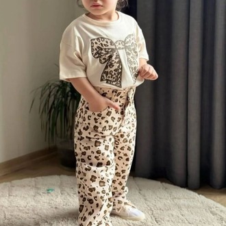 KIZ ÇOCUK LEOPAR DESENLİ PANTOLONLU PAMUKLU TAKIM