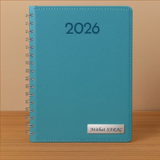 Kişiye Özel  2026 Tarihli Gizli Spiralli Turkuaz Ajanda ve Kalem Seti