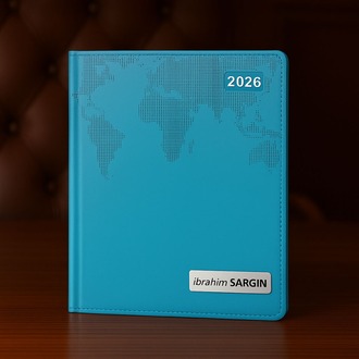 Isme Özel Turkuaz Dünya Baskılı Ajanda 2026 Tarihli - Isme Özel Kalem Hediyeli