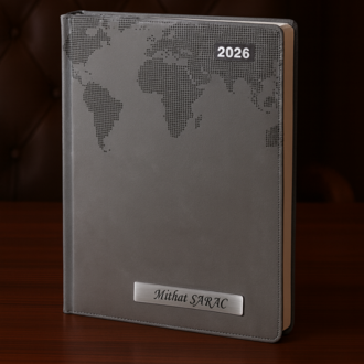 Isme Özel Gri Dünya Baskılı Ajanda 2026 Tarihli - Isme Özel Kalem Hediyeli