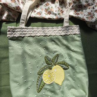 Dantel detaylı, punch limon nakışlı çanta