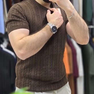 saç örgü bisiklet yaka pamuk - slim fit triko tişort | T4DU26211