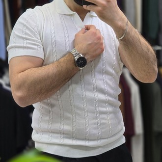 Polo yaka saç örgü pamuk - slim fit triko tişort | T1DU26211