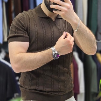 Polo yaka saç örgü pamuk - slim fit triko tişort | T1DU26211