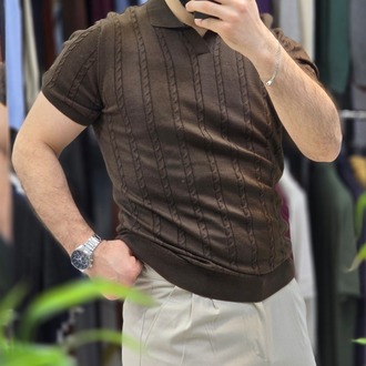Polo yaka saç örgü pamuk - slim fit triko tişort | T1DU26211