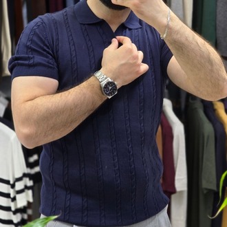 Polo yaka saç örgü pamuk - slim fit triko tişort | T1DU26211