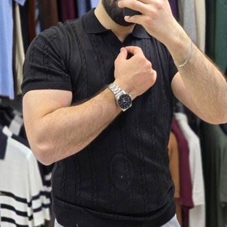 Polo yaka saç örgü pamuk - slim fit triko tişort | T1DU26211