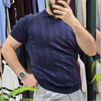 Polo yaka saç örgü pamuk - slim fit triko tişort | T1DU26211