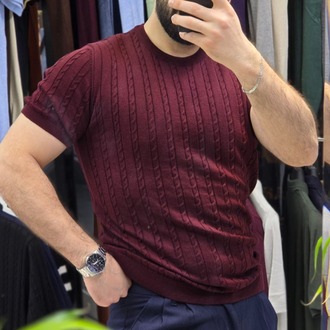 saç örgü bisiklet yaka pamuk - slim fit triko tişort | T4DU26211