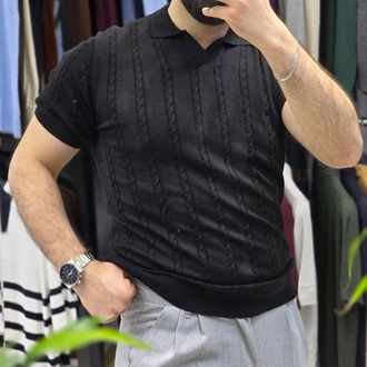 Polo yaka saç örgü pamuk - slim fit triko tişort | T1DU26211