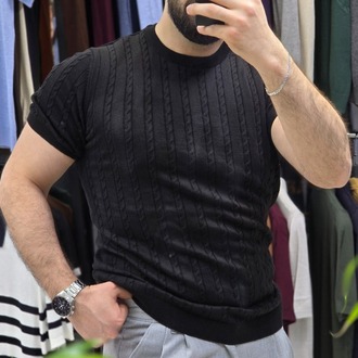 saç örgü bisiklet yaka pamuk - slim fit triko tişort | T4DU26211