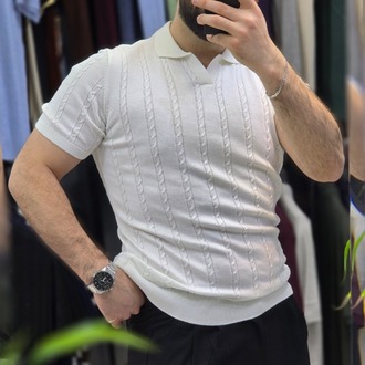 Polo yaka saç örgü pamuk - slim fit triko tişort | T1DU26211