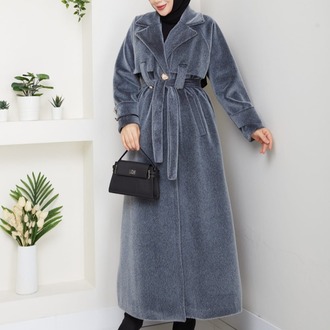 Kuşaklı Angora Tesettür Kaban Füme