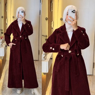 Kuşaklı Angora Tesettür Kaban Füme