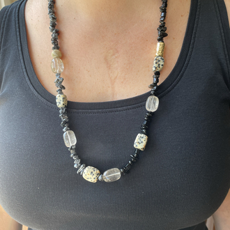 Jasper, Dumanlı kuvars ve Obsidyen Taşlı Uzun Doğal Taş Kolye
