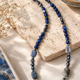 Lapis Lazuli, Terahertz & Kristal Doğal Taş Kolye (Gümüş Kapamalı)