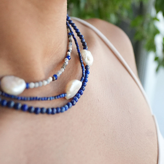 3 sıralı lapis lazuli, sodalit ve inci taşlı kolye