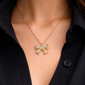Figonk Zirkon Taşlı Gold Çelik Kolye 
