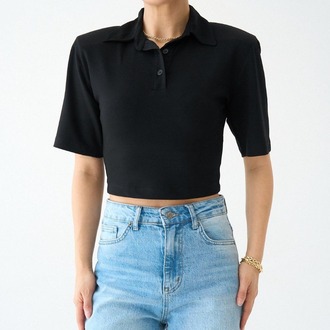 Düğmeli Polo Yaka Crop Tişört